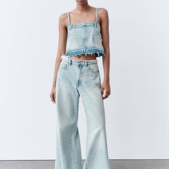 Zara Tops - ZARA Skirt Effect Crop Denim Spaghetti Straps Jean Tank Top L